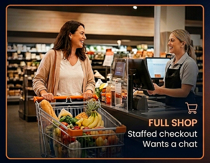 Full shop — staffed checkout, wants a chat